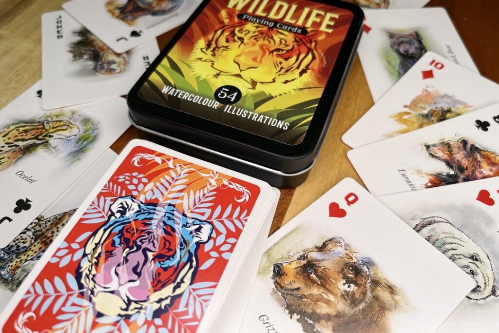 gift case and illustrated wildlife deck of cards