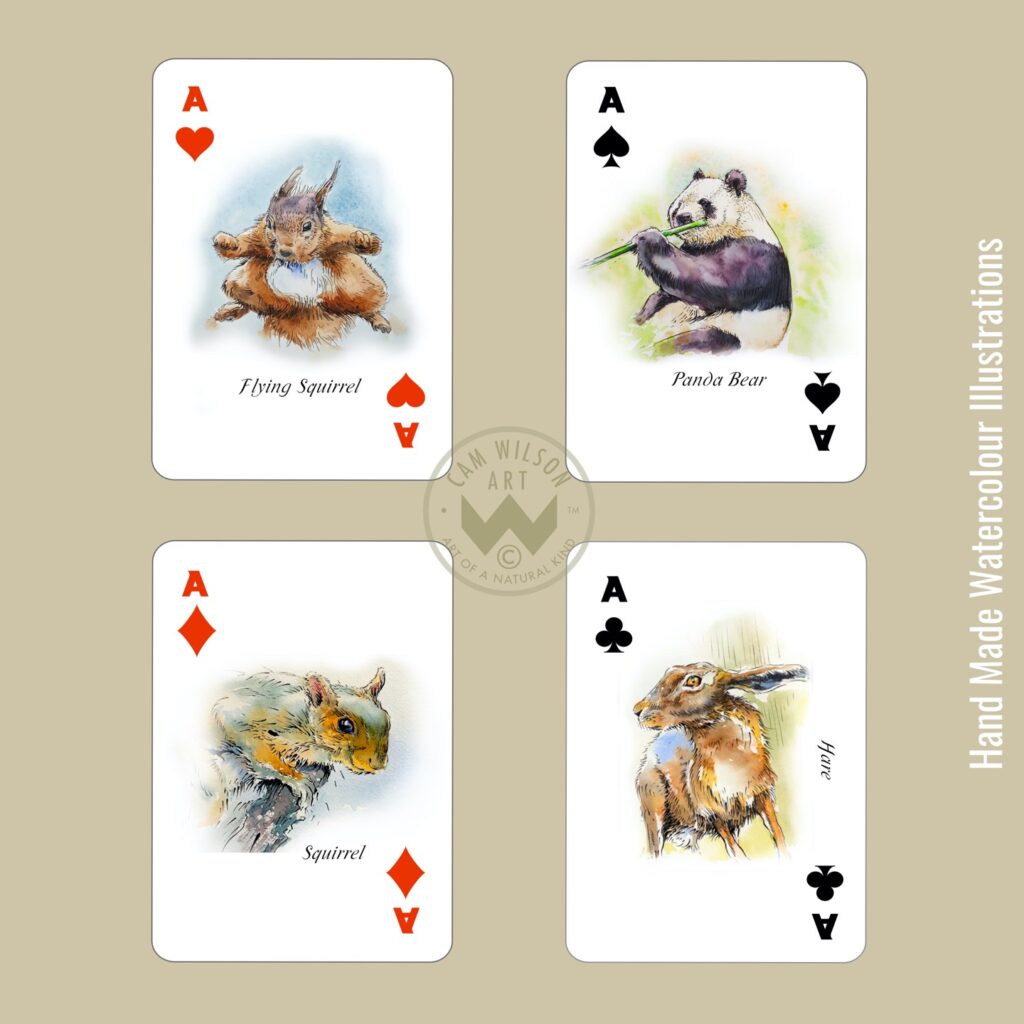 playing card aces featuring squirrel, panda, and hare